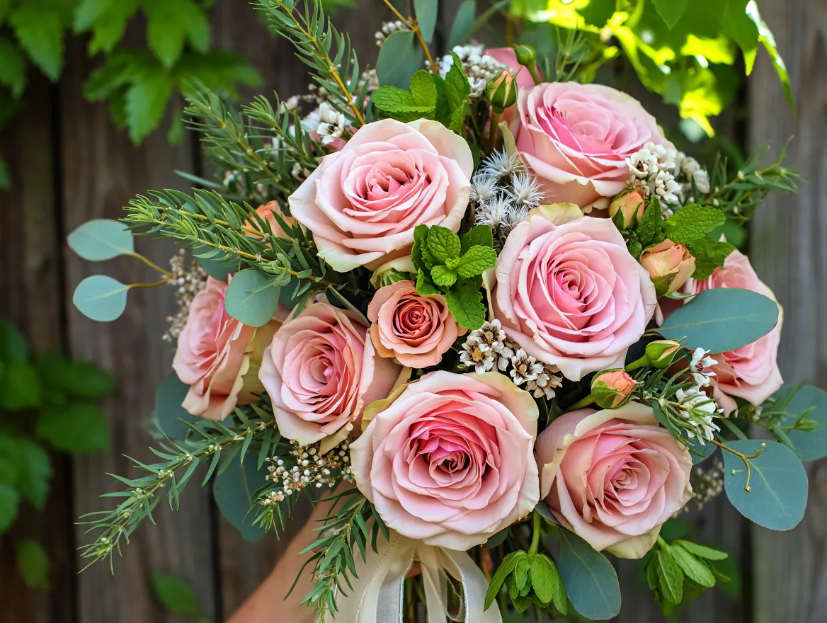 Garden Romance Bouquet featuring soft pink roses and delicate greenery