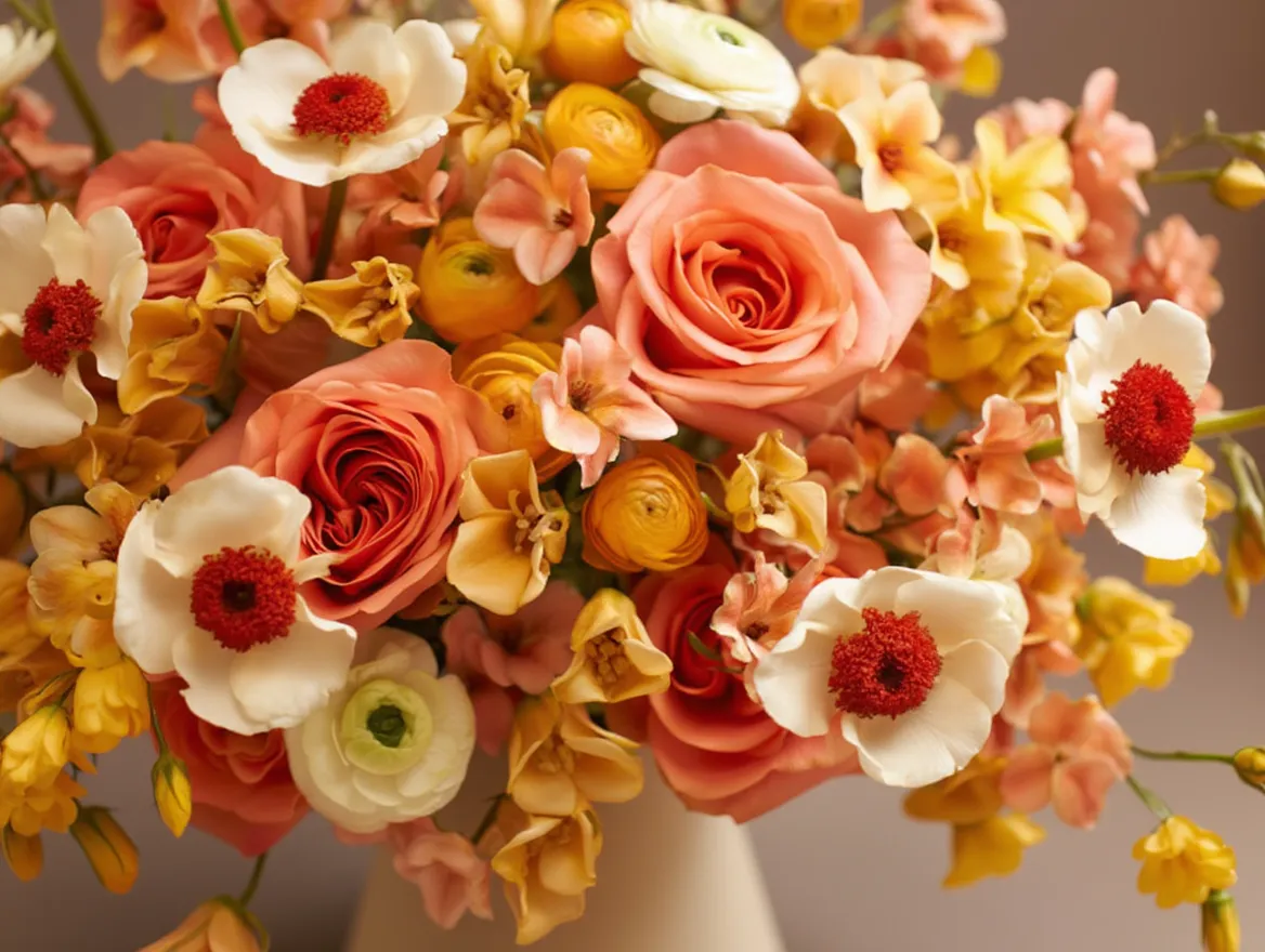 Elegant Sunset bouquet with warm coral and golden tones